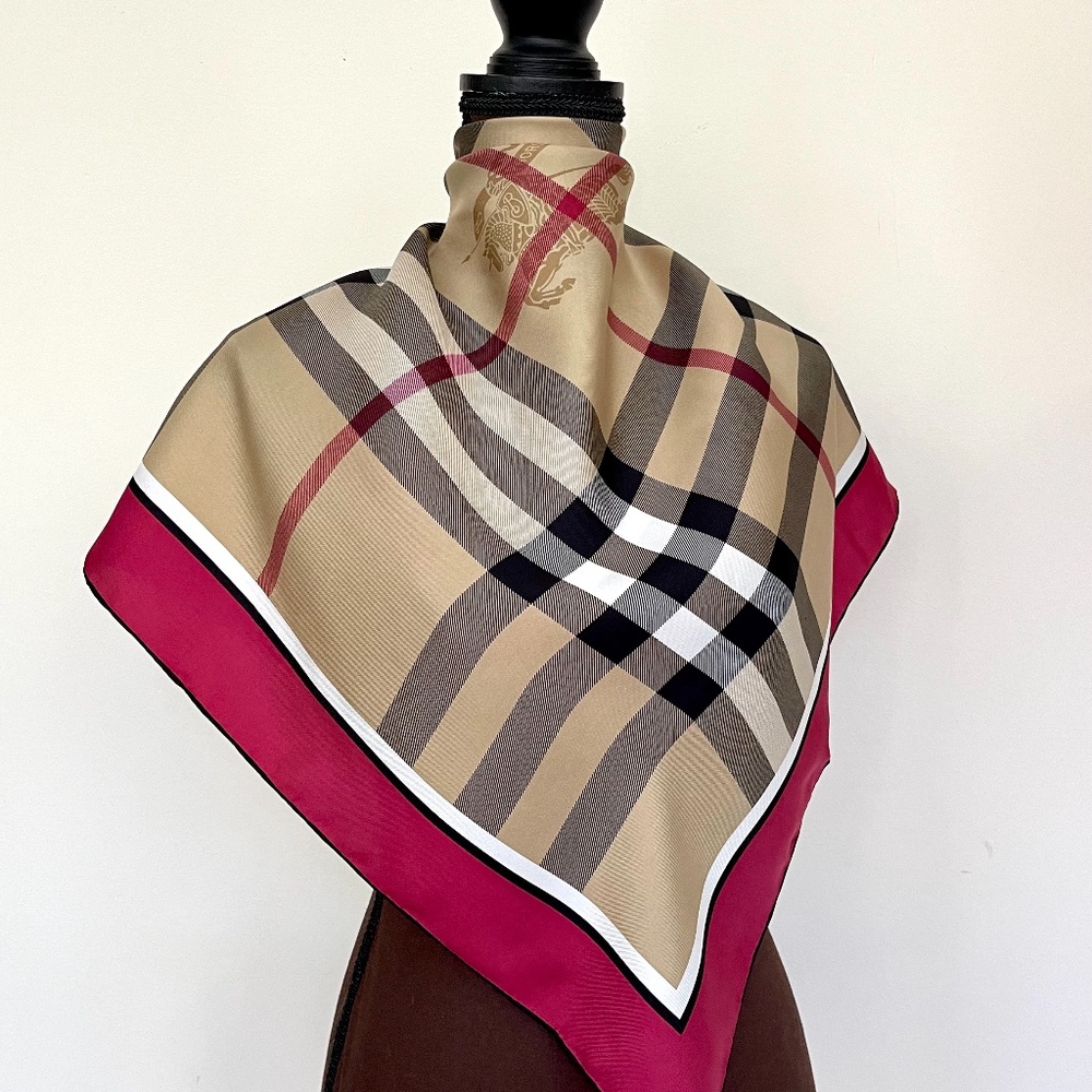 New Unisex Burberry Scarf Beige Check Burgundy Red Border Silk Wrap - Picture 2 of 13